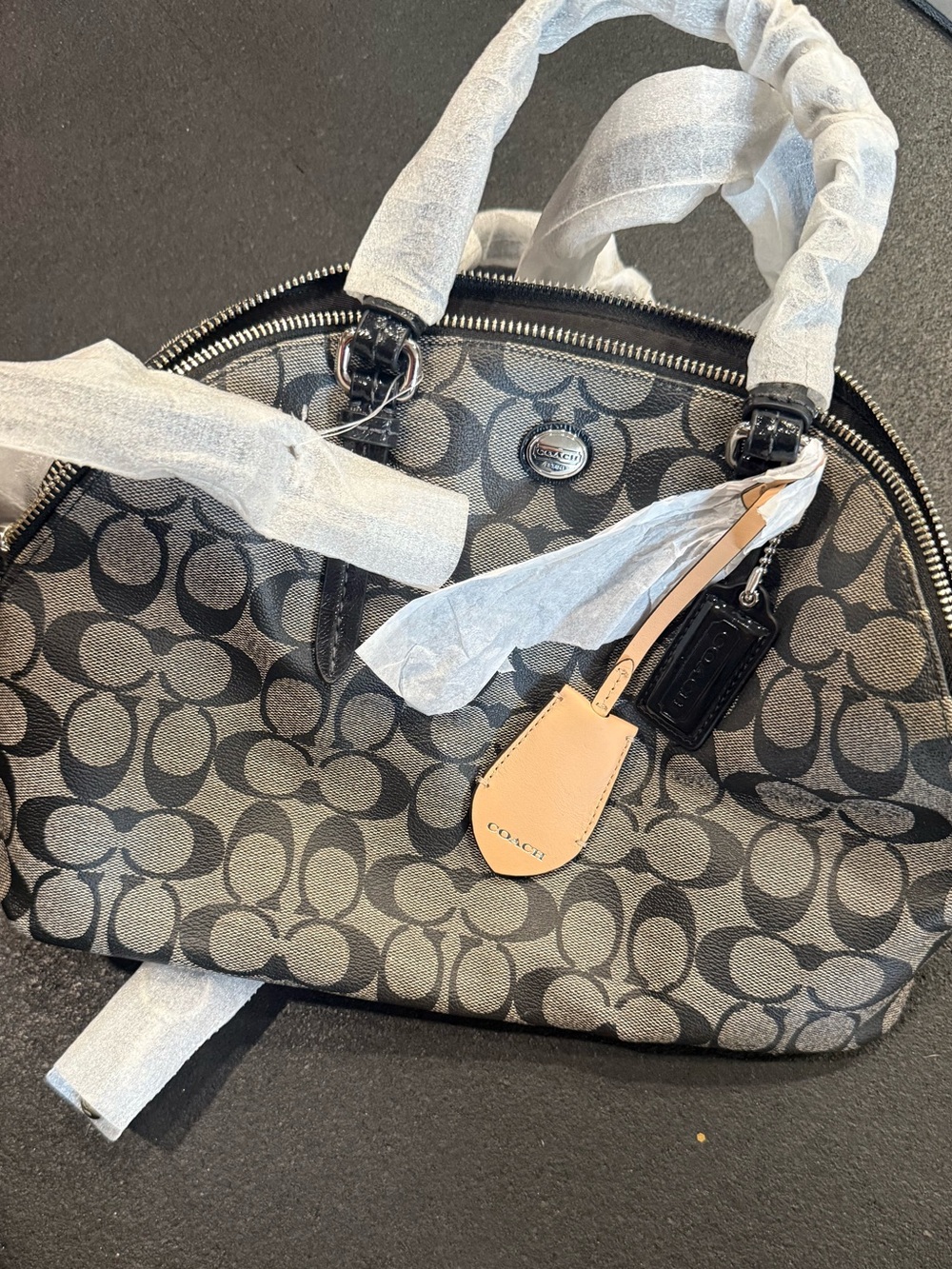 Coach Black and Gray Signature Dome Satchel with Tan Tag